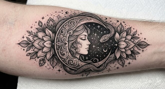 Moon woman mandala tattoo on forearm
