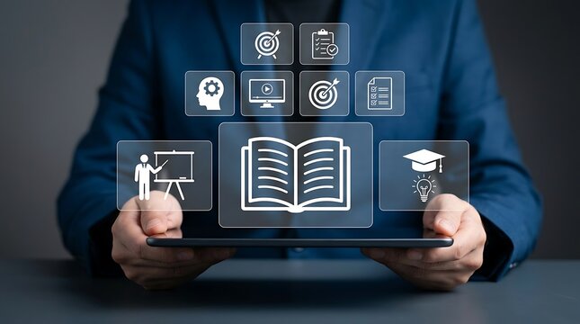 Businessman holding tablet with digital education and e-learning icons for online training.