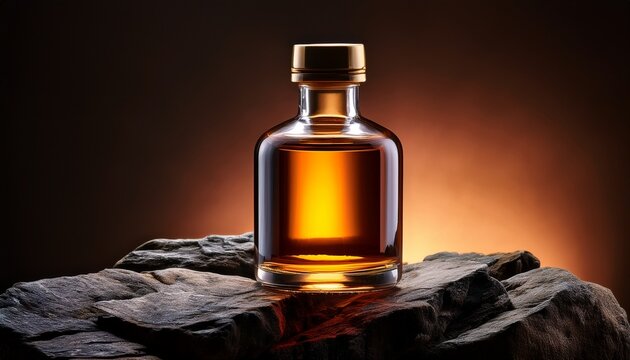 sleek bottle of amber liquid in illuminated display on rough rock
