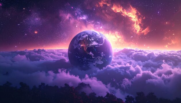 Planet Earth floating in purple clouds under a cosmic nebula