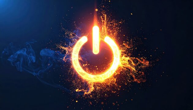 Glowing power icon button with fire and sparks on black