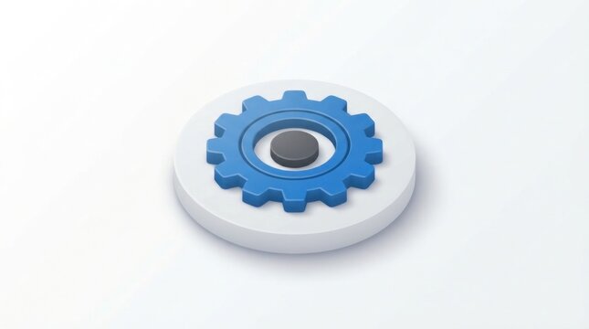 Blue gear on white circular platform highlighted on light background.
