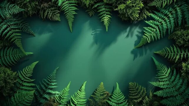 Green Fern Frame, Dark Green Foliage Background, Tropical Plant Border