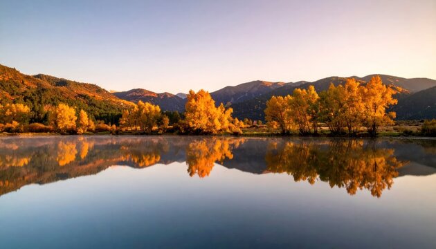 Golden autumn trees reflecting in calm mountain lake at sunrise