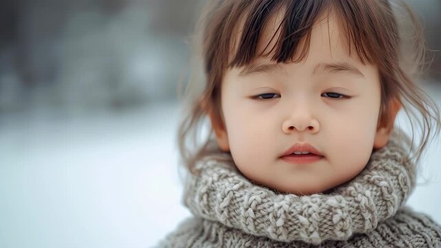 Toddler girl portrait in winter scarf soft light calm face child knit sweater portrait