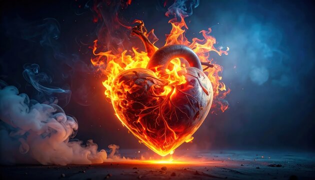 Burning anatomical human heart in flames with smoke background
