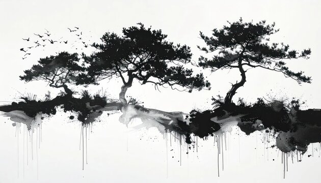 Minimalist ink wash painting of pine trees and flying birds