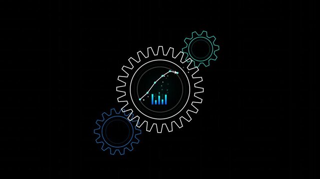 Digital cogs illustration with a rising data chart symbolizing progress and innovation in modern technology systems