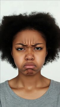 A young woman with curly hair frowning at the camera in a candid moment.