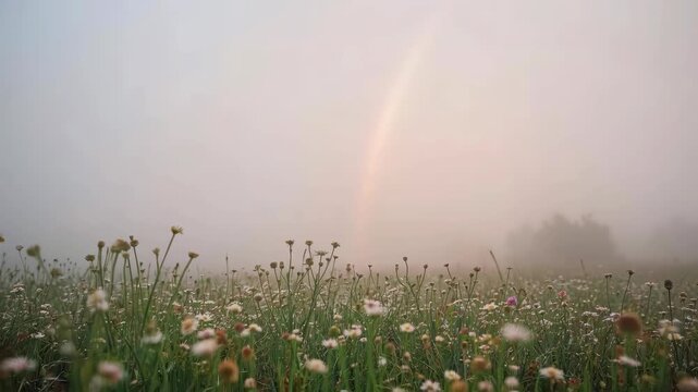Misty meadow field with wildflower, rainbow glow, and foggy dawn grass