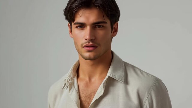 Young adult man portrait profile in neutral studio light, light shirt, serious male face