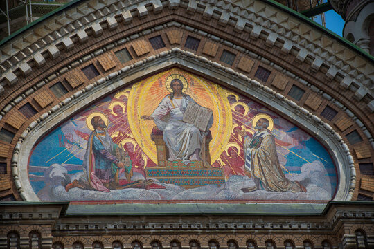 Ornate mosaic tympanum on Church of the Savior on Blood facade with copy space
