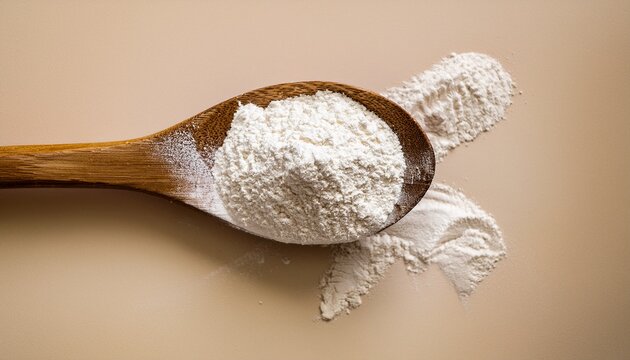 wooden spoon filled with white flour or protein powder on neutral beige background