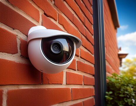 smart home security camera device provides wireless surveillance and safety monitoring while mounted on modern red brick wall for residential protection and home observation