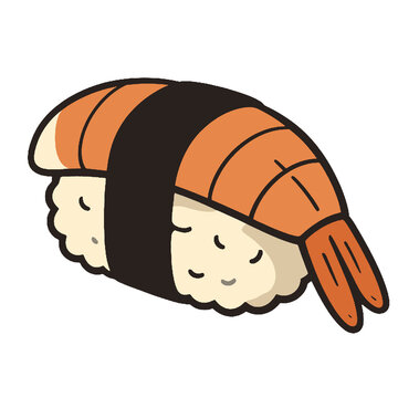 Fresh ebi nigiri shrimp sushi wrapped with nori seaweed cartoon illustration on transparent background