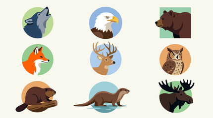 Obraz premium Flat design vector icon set featuring North American wildlife animals like wolf, eagle, bear, fox, deer, owl, beaver, otter, moose.