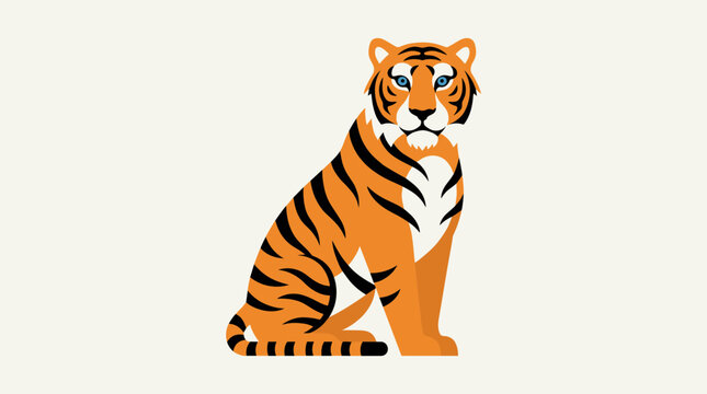 Flat design illustration of a regal tiger sitting alertly, graphic element with copy space