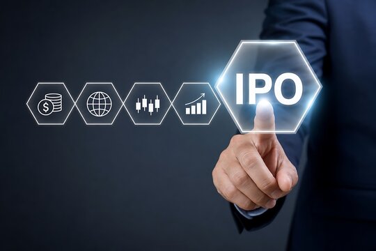 Businessman touching virtual ipo icon with financial symbols on dark background