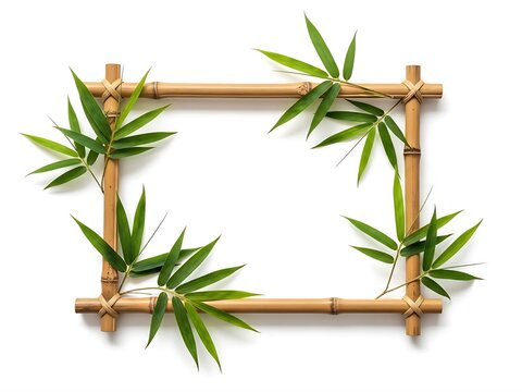 Rectangular frame constructed from natural bamboo stalks with green leaves, isolated on a white background, organic border for text display