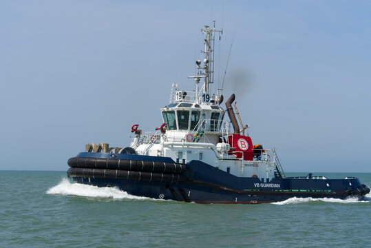 Scenic view of VB Guardian tug boat on English Channel at French city of Le Haver on a sunny summer day. Photo taken July 14th, 2026, Le Havre, Normandie, France.