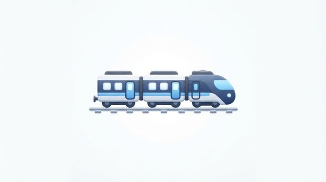 Illustration of a modern blue train traveling on rails and tracks across the composition.