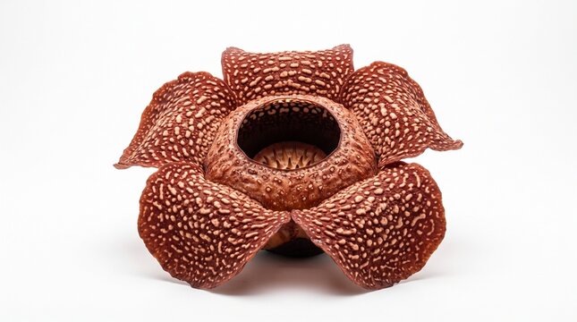 Giant Rafflesia arnoldii flower in full bloom. Rare parasitic plant with deep red petals and white speckles on white background.