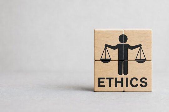 Wooden block with ethics concept, justice scales icon and human figure symbol