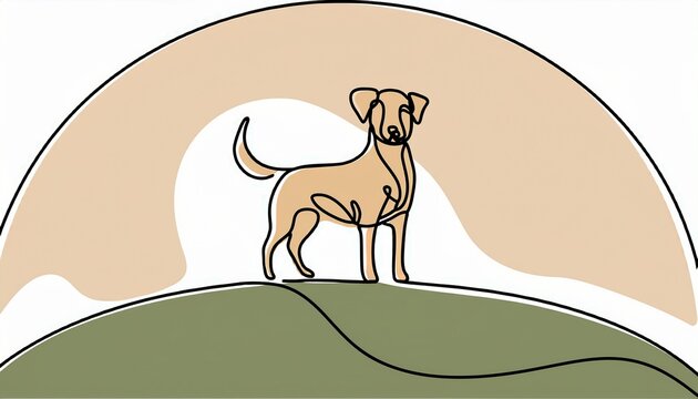 continuous single line drawing of a cute dog standing on a simple hill