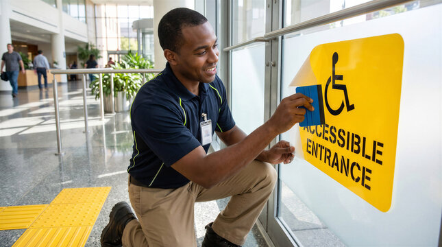 African American man installing an accessible entrance sign in a public building. Disability inclusion, accessibility, equal access and community support concept