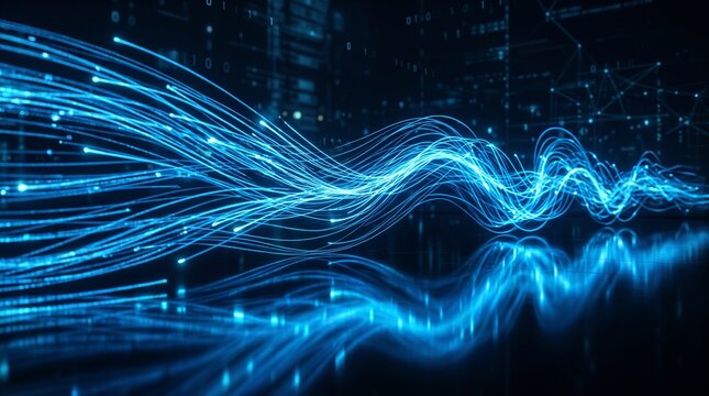 Abstract blue light trails flowing dynamically across a dark reflective surface, symbolizing digital data transfer.