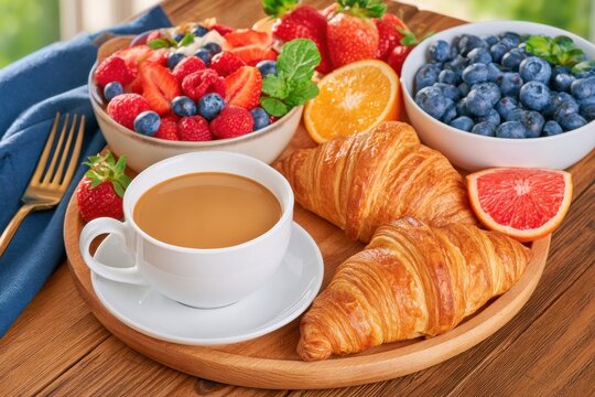 Appetizing brunch spread with croissants, fresh berries, citrus slices, and coffee on wooden tray