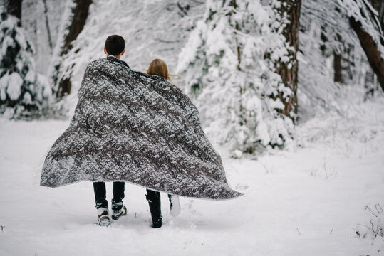 A couple in love wrapped in a blanket walking through a snowy winter forest. Romantic moment, people walking away, back view.