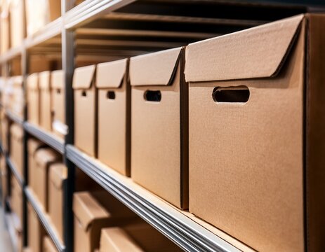 close up of brown cardboard storage boxes with handles on a shelf in a warehouse or retail store