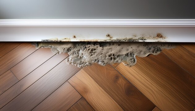water damage and mold leaking from under white baseboard on wooden floor