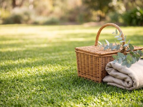 Wicker picnic basket on green grass, summer park picnic, outdoor leisure scene