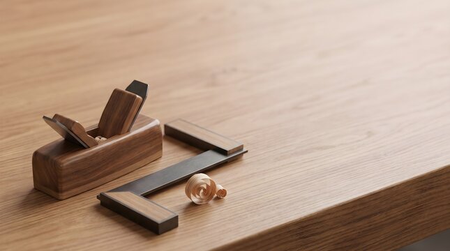 Wooden hand plane, carpentry tools on oak workbench, woodworking craftsmanship