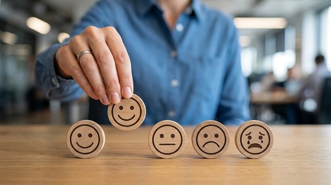 Hand placing a happy face wooden coin for customer service feedback and satisfaction rating