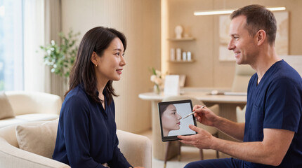 Fototapeta premium Plastic surgeon consulting female patient about rhinoplasty using digital tablet in aesthetic clinic
