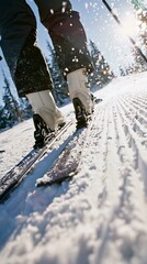 Fototapeta premium Skier's lower legs and white boots gliding on freshly groomed snow, enjoying winter mountain sport