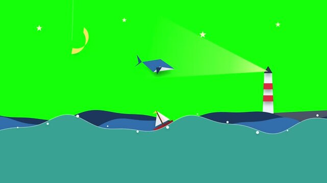 Flat vector ocean seascape with lighthouse beam sailboat and flying whale on green screen