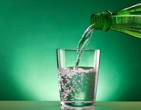 sparkling water pouring from a green glass bottle into a clear glass against a green background
