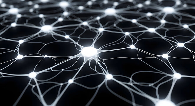 Glowing neural network nodes and interconnected lines on a dark abstract background