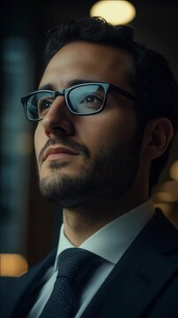 Dressed in formal attire, he gazes thoughtfully. Glasses reflect soft ambient lighting. Dark hair and beard frame his serious expression. Suit and tie suggest professional demeanor