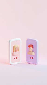 Minimal 3D illustration of two smartphones showing male and female avatars, symbolizing online dating and finding love
