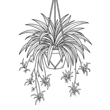Spider plant baby offshoots line art for hanging basket decor and gardening blogs