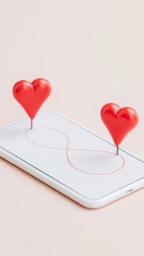 Smartphone displaying love connection path with heart pins, symbolizing infinite online dating and romantic journey