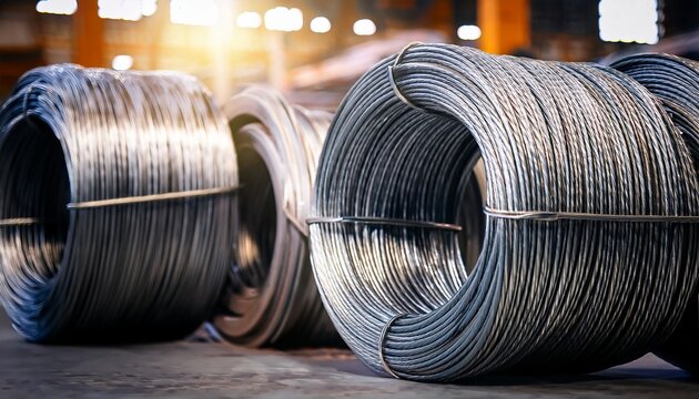 close up of coiled metal wire rope in industrial warehouse