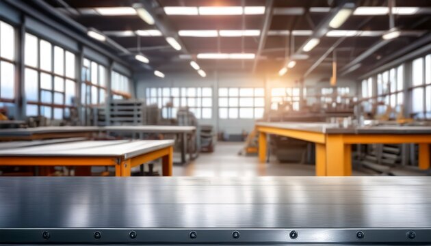 metal workbench surface in blurred industrial workshop background