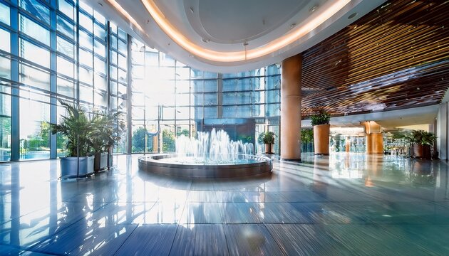 modern luxury lobby interior blurred background architecture bright atrium office hotel hospital healthcare glass fountain design