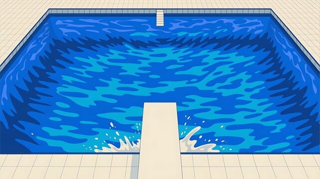 Blue ripped water in swimming pool and diving board, top view. Big outdoor pool with board for jumping into water, flat lay view. Vector template for events, posters, cover 